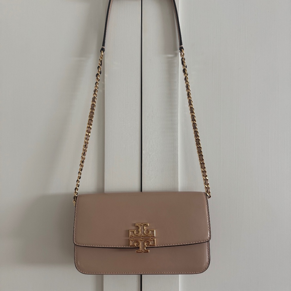 Tory Burch Britten Neutral Patent Leather Crossbody Bag